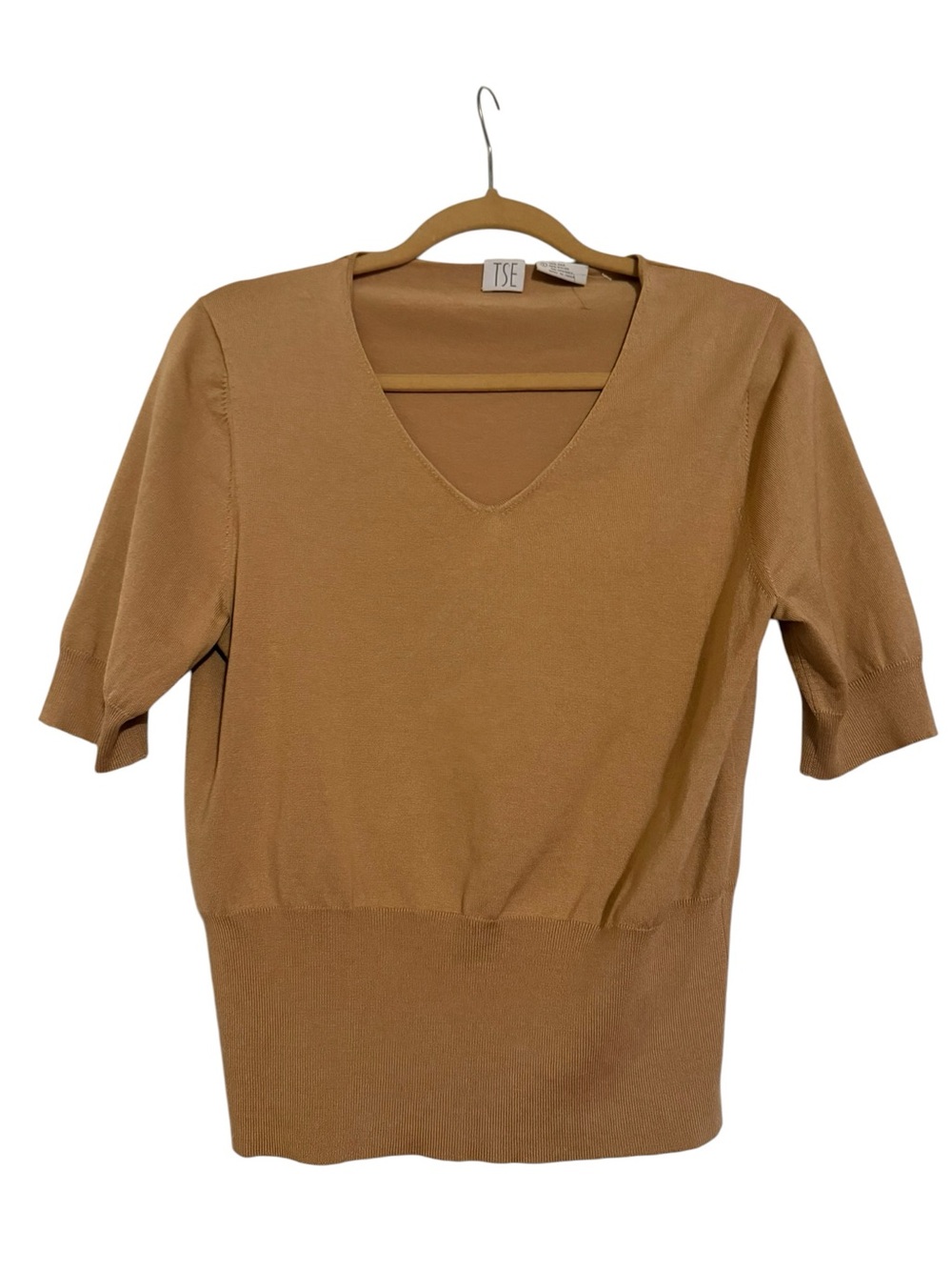 TSE Silk Knit V Neck Short Sleeve Sweater Camel Size Large 76% Silk